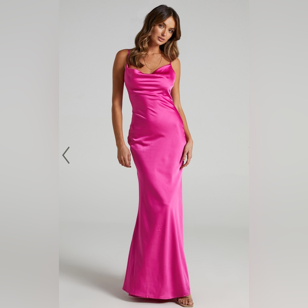 Showpo LUNARIA DRESS - COWL MERMAID SLIP DRESS IN HOT PINK SATIN